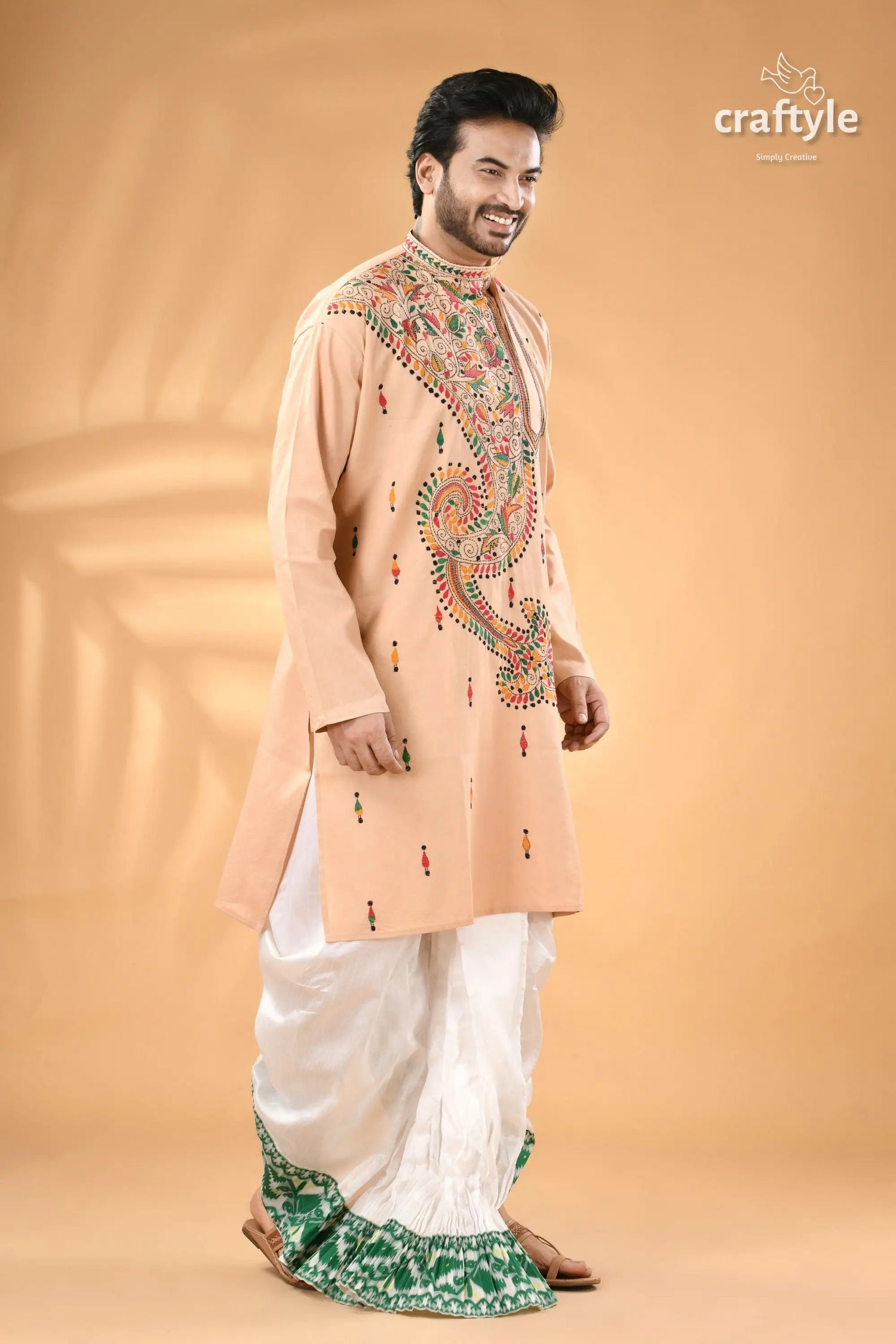 Sisal color multi thread kantha stitch cotton kurta for men men’s peach colored embroidered kurta white 4
