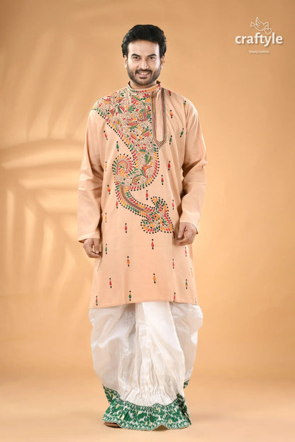 Sisal color multi thread kantha stitch cotton kurta for men men’s peach colored embroidered kurta white 1