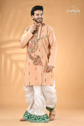 Sisal color multi thread kantha stitch cotton kurta for men men’s peach colored embroidered kurta white 5