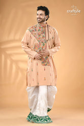 Sisal color multi thread kantha stitch cotton kurta for men men’s peach colored kurta colorful embroidery 3