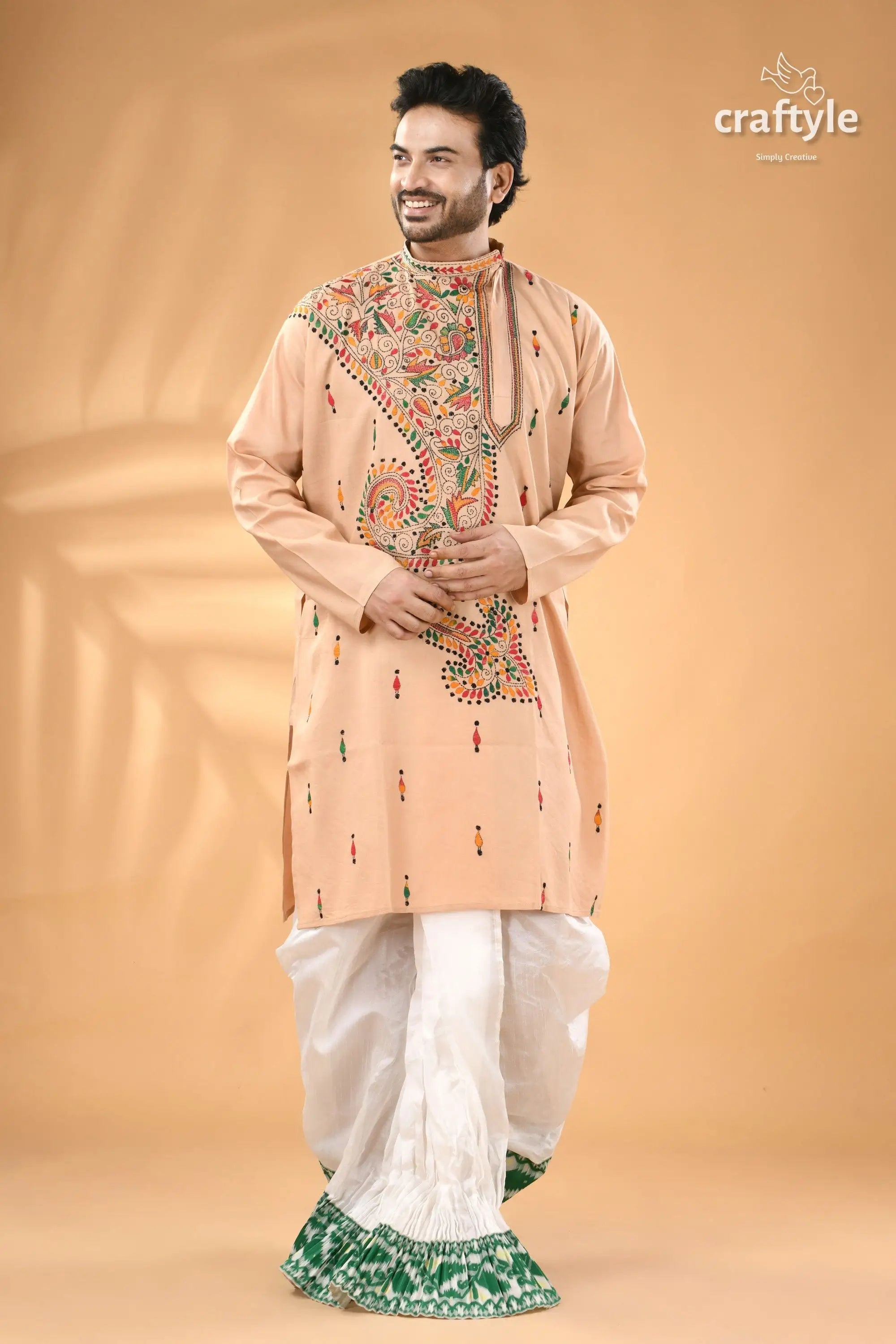 Sisal color multi thread kantha stitch cotton kurta for men men’s peach colored kurta colorful embroidery 3