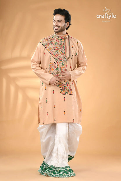 Sisal color multi thread kantha stitch cotton kurta for men men’s peach colored kurta colorful embroidery 3
