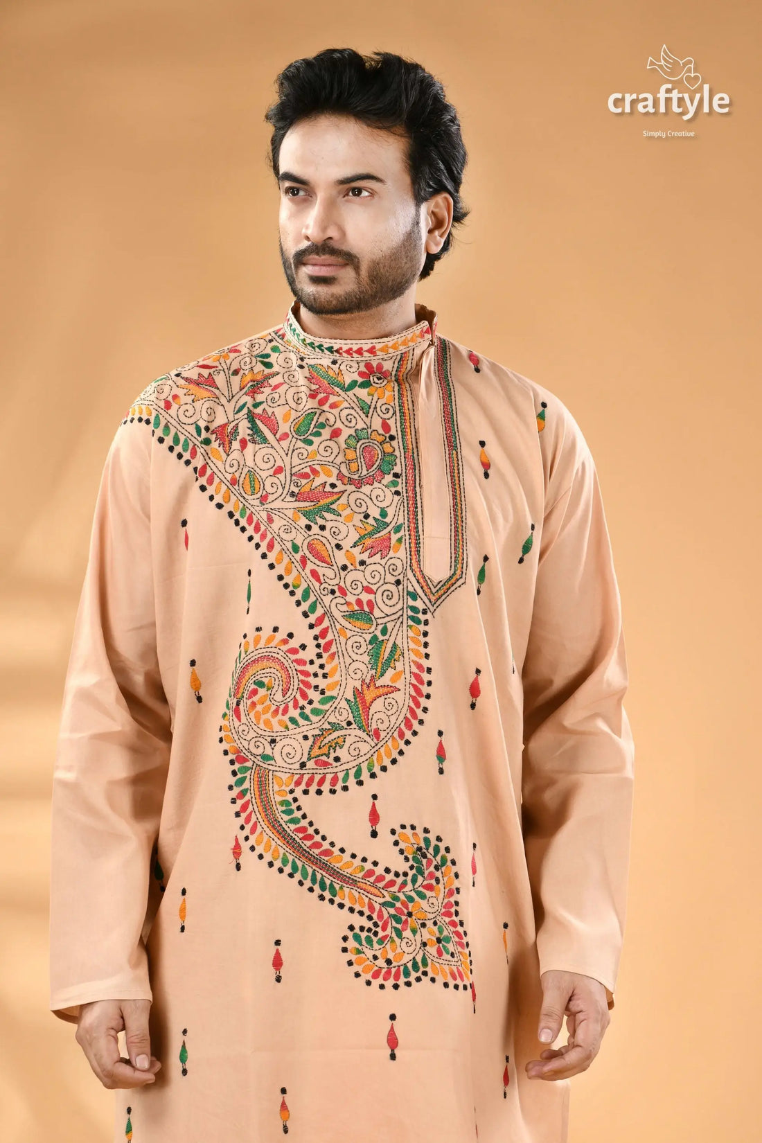 Sisal color multi thread kantha stitch cotton kurta for men men’s peach colored long sleeved kurta colorful 2