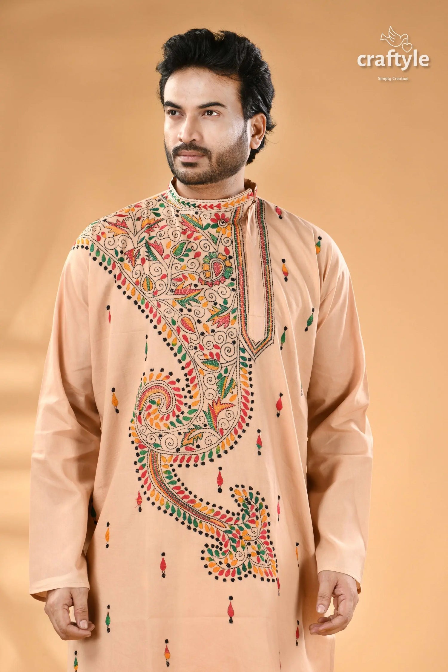 Sisal color multi thread kantha stitch cotton kurta for men men’s peach colored long sleeved kurta colorful 2