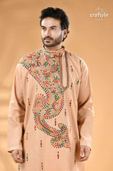 Sisal color multi thread kantha stitch cotton kurta for men men’s peach colored long sleeved kurta colorful 2