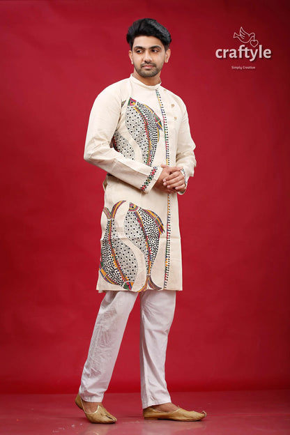 Sisal fish motif kantha work cotton kurta for men beige intricate fish-patterned embroidery 4