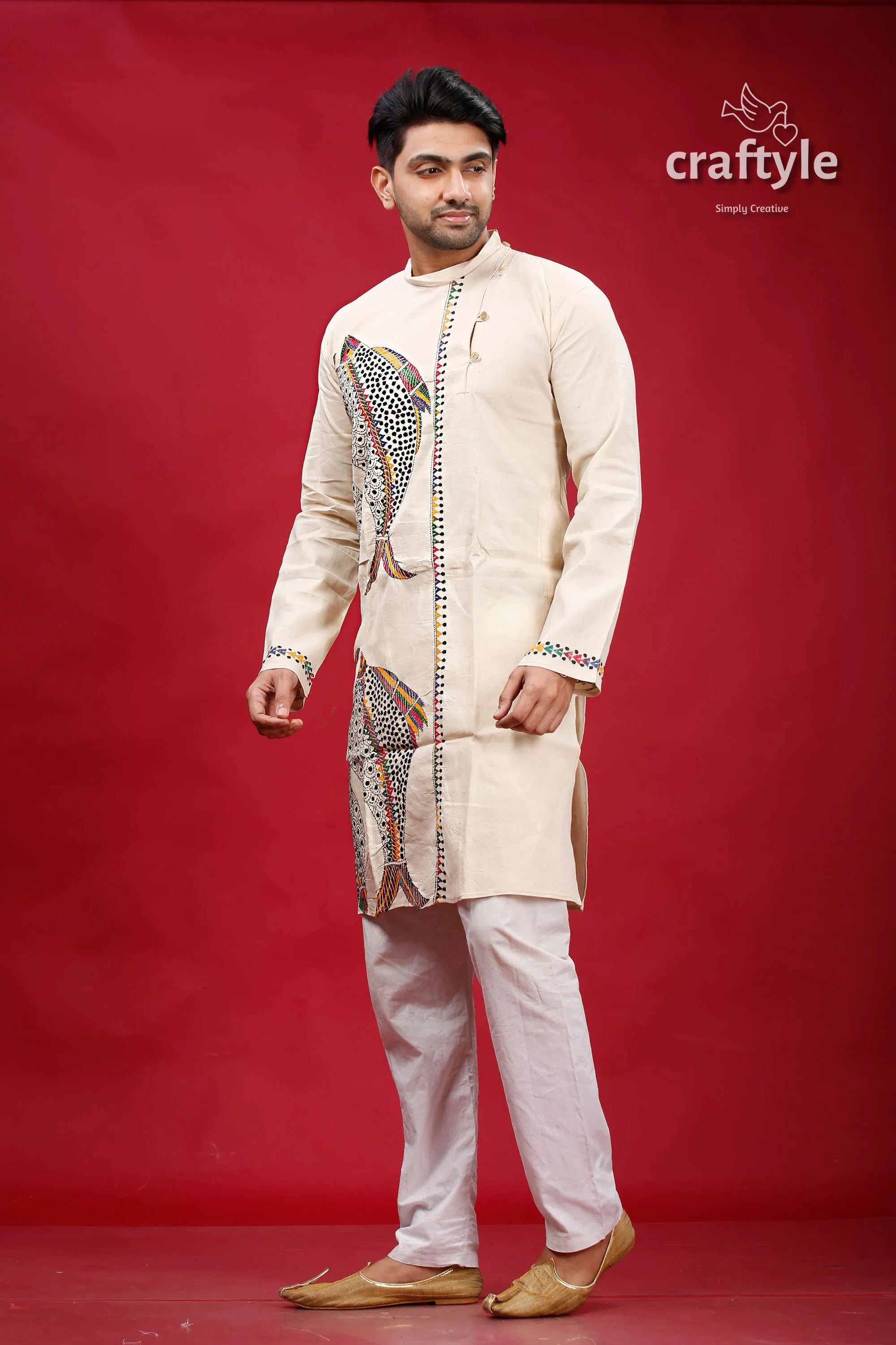 Sisal fish motif kantha work cotton kurta for men beige embroidered intricate patterned 3