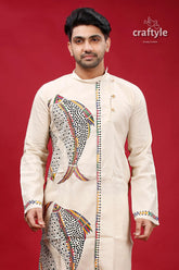 Sisal fish motif kantha work cotton kurta for men beige intricate motifs 2