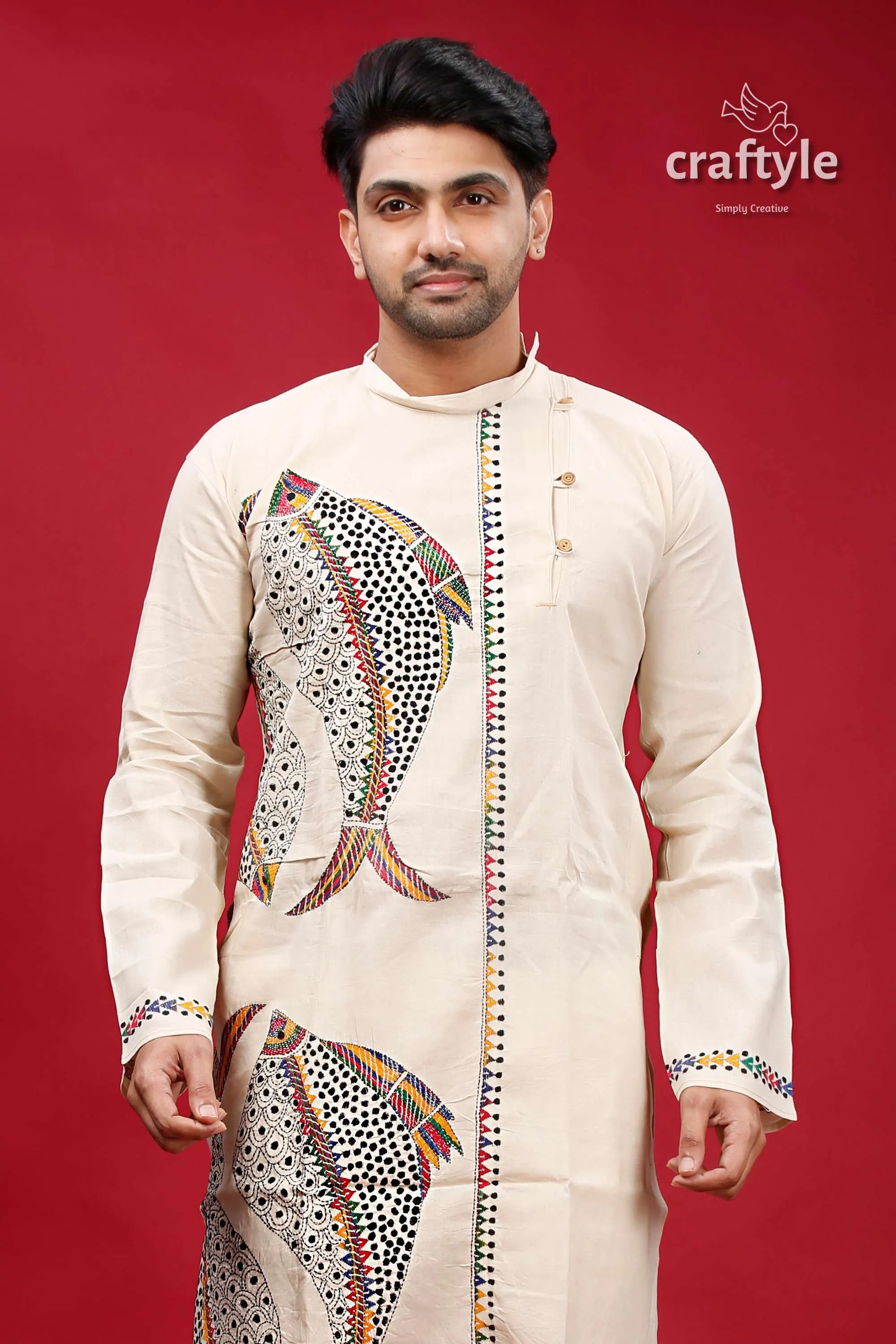 Sisal fish motif kantha work cotton kurta for men beige intricate motifs 2