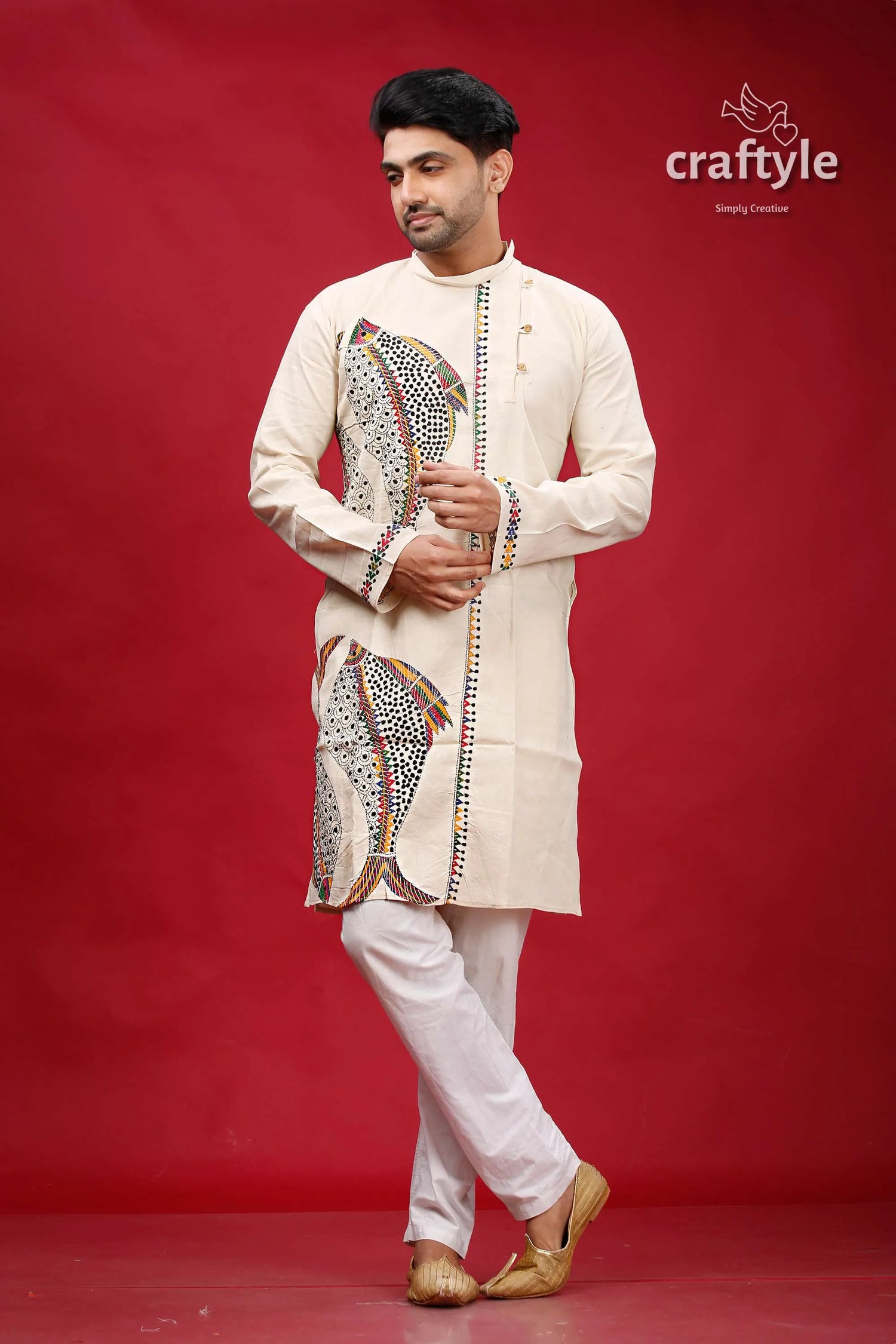 Sisal fish motif kantha work cotton kurta for men cream-colored intricate black multicolored 1