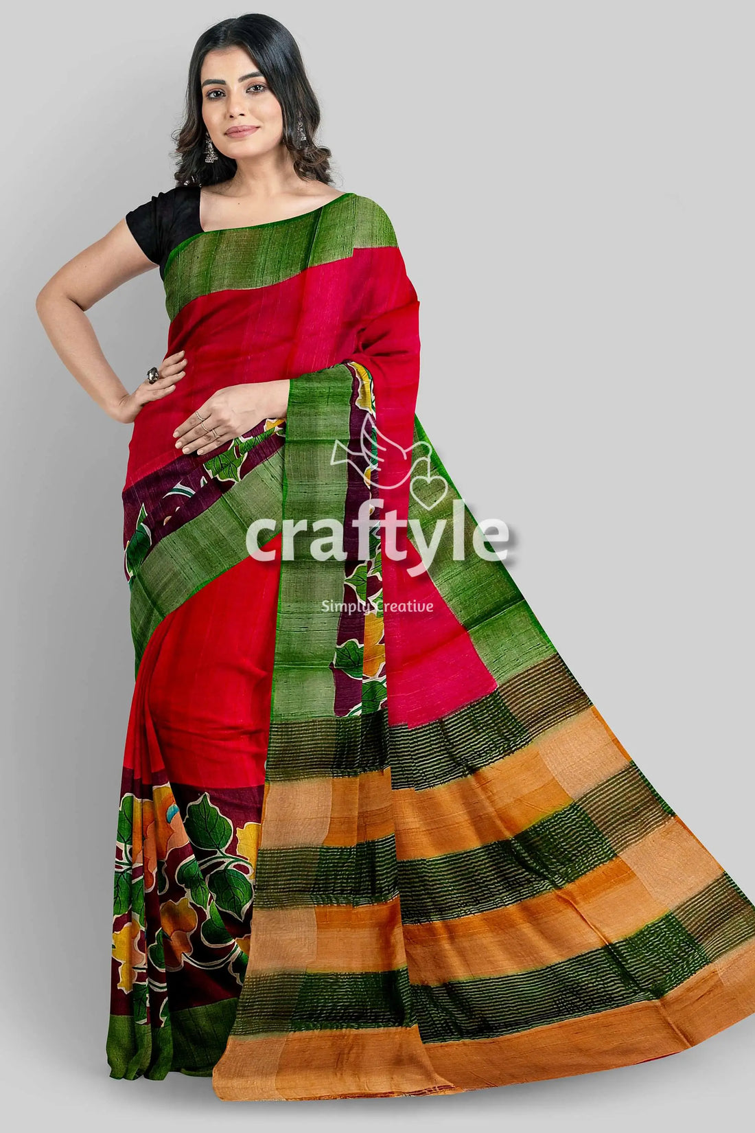 Sizzling red zari tussar saree - hand painted pure and luxurious red green saree 2