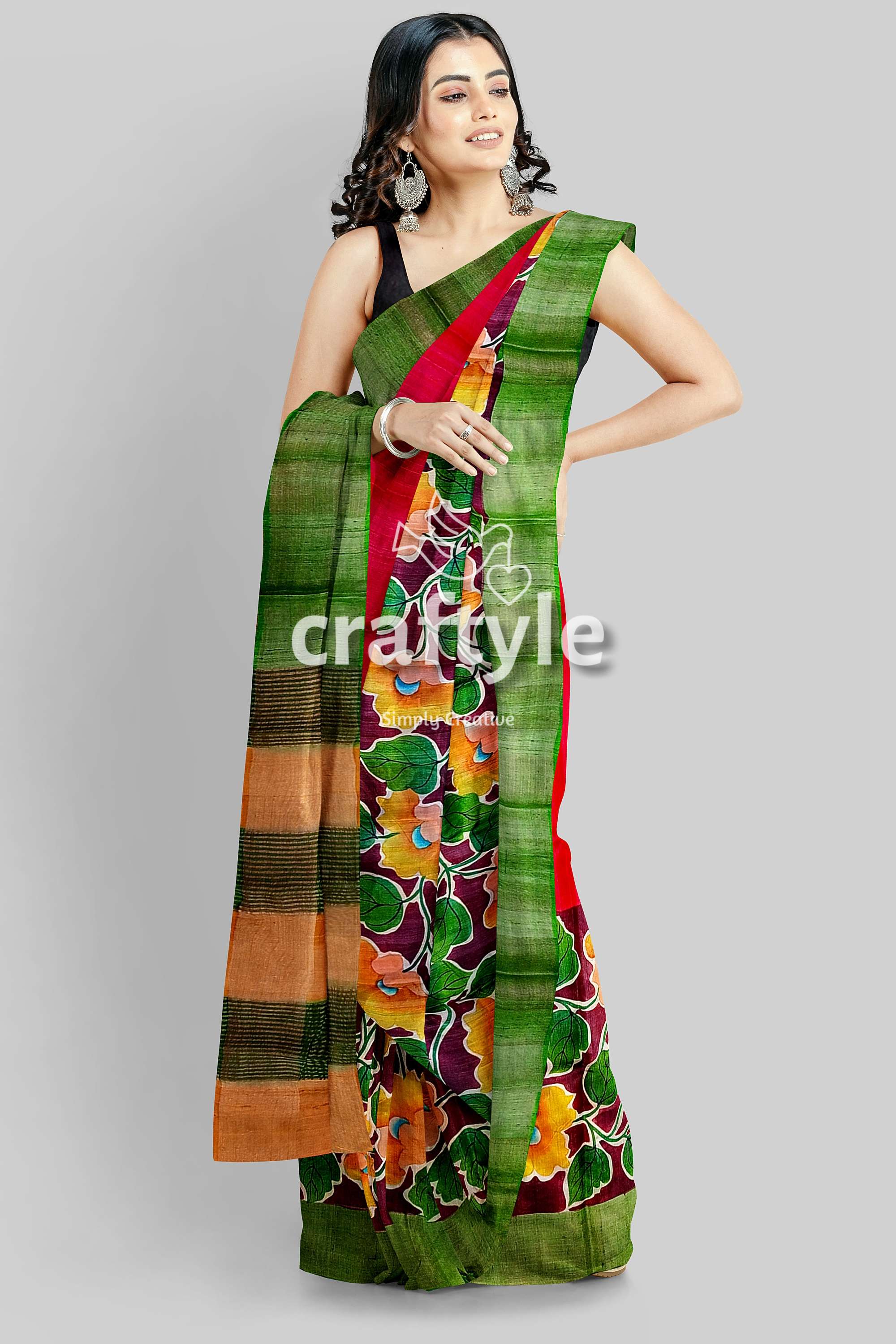 Sizzling Red Zari Tussar Saree - Hand Painted Pure and Luxurious - Craftyle
