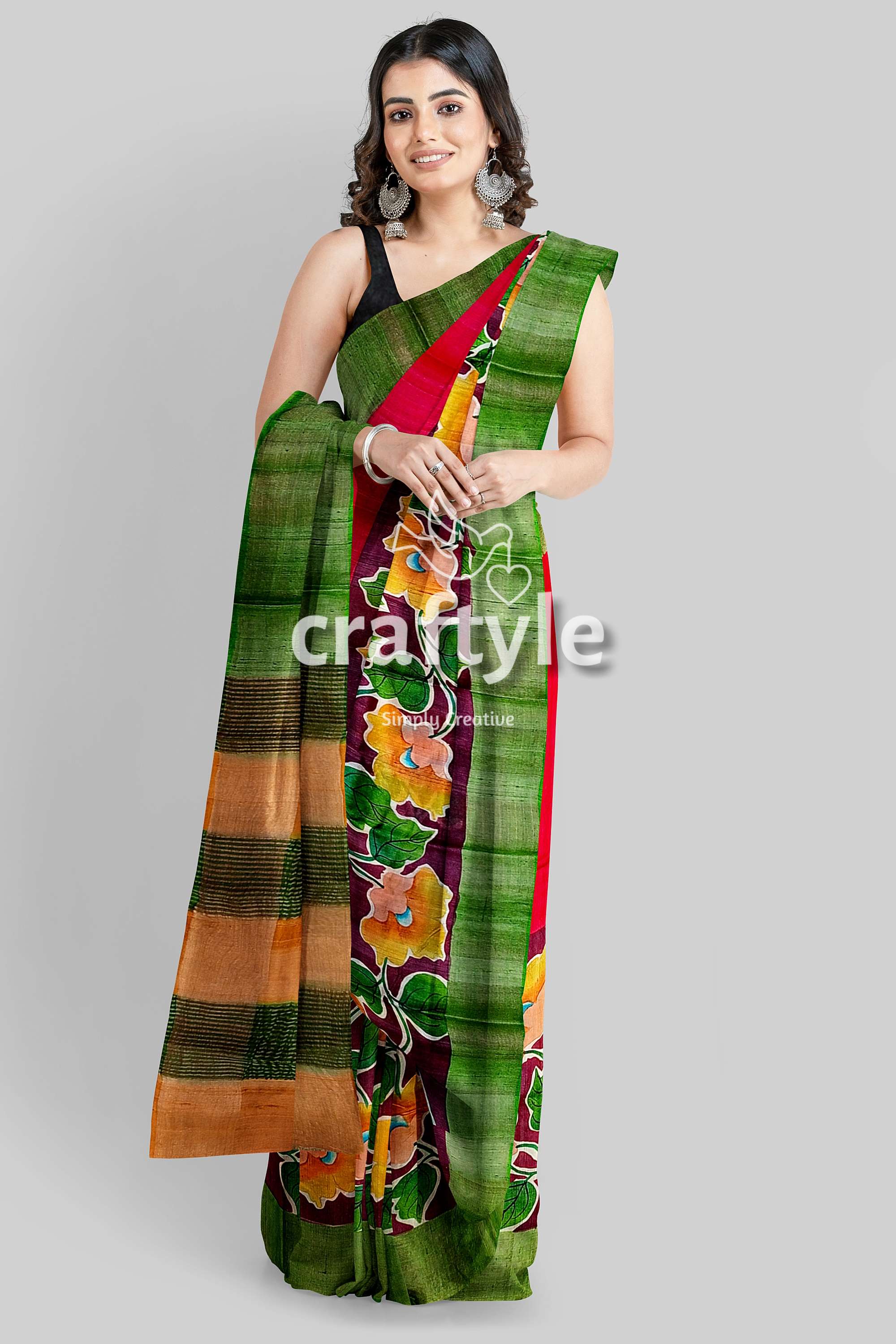Sizzling Red Zari Tussar Saree - Hand Painted Pure and Luxurious - Craftyle