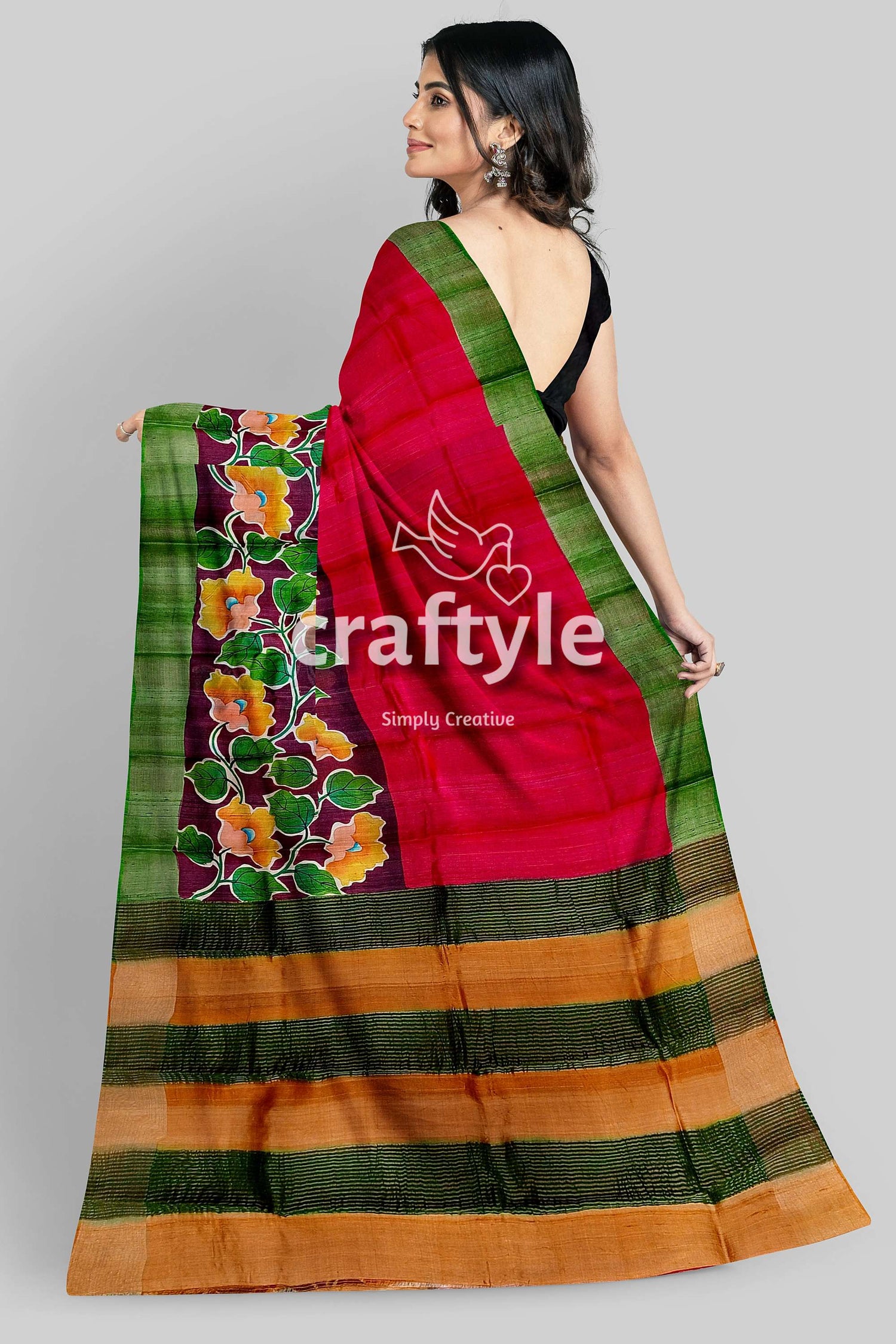 Sizzling Red Zari Tussar Saree - Hand Painted Pure and Luxurious - Craftyle