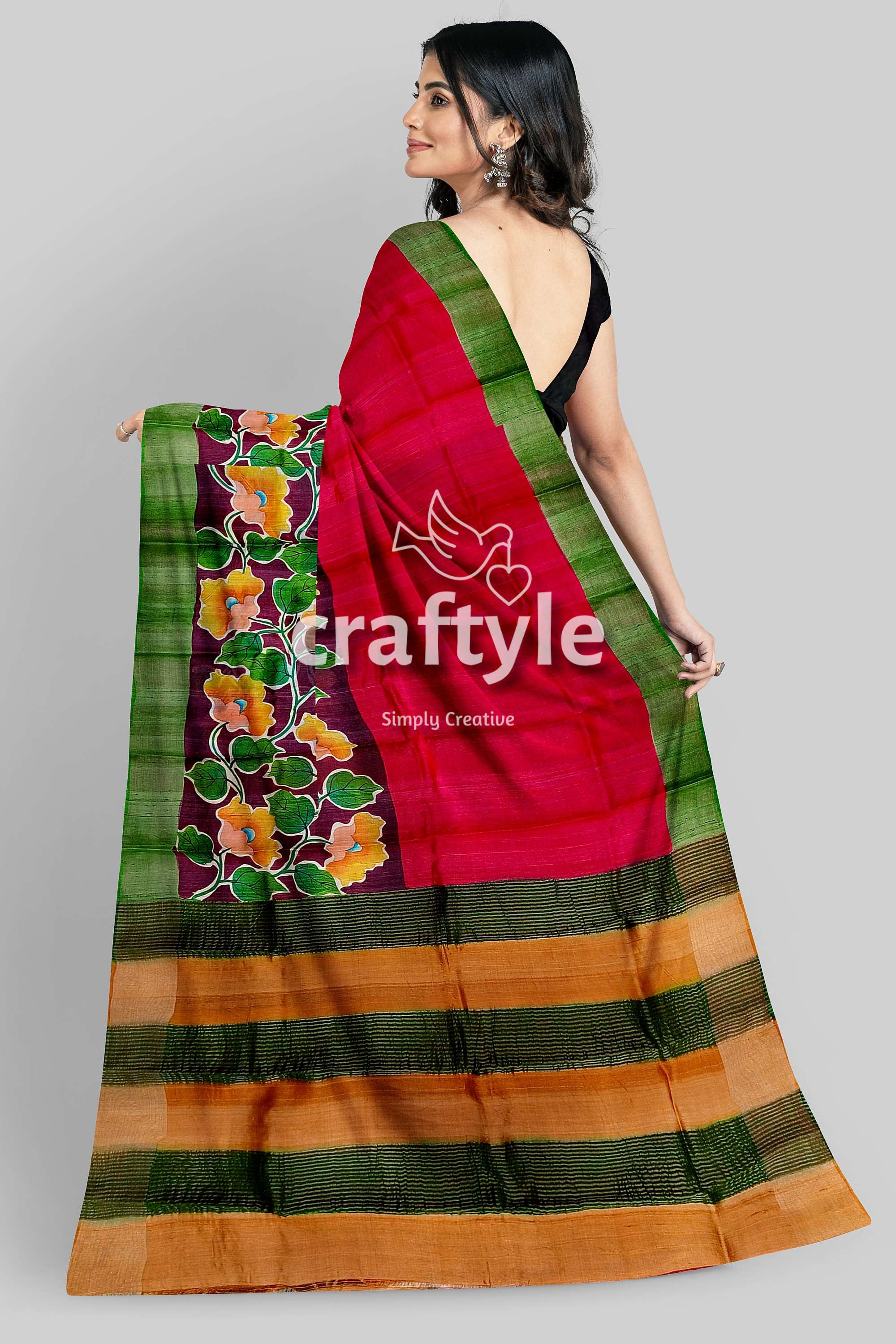 Sizzling Red Zari Tussar Saree - Hand Painted Pure and Luxurious - Craftyle