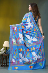 Sky blue artisanal swan motif handcrafted silk kantha saree vibrant blue saree adorned white 4