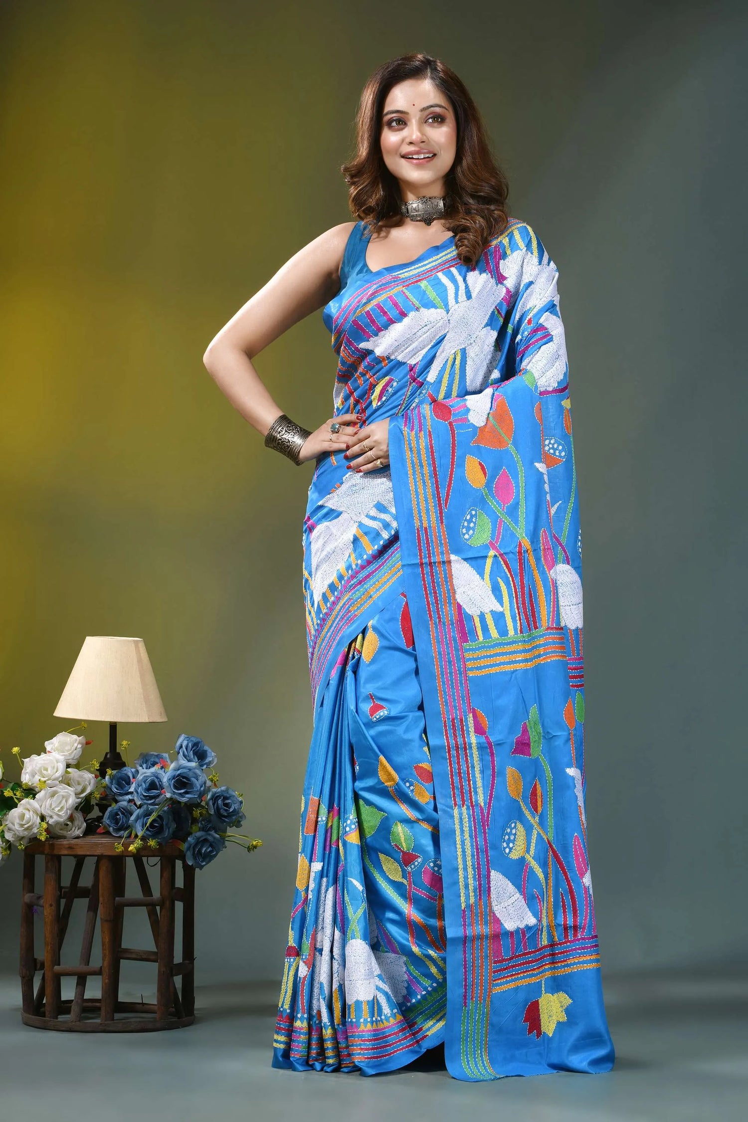 Sky blue artisanal swan motif handcrafted silk kantha saree vibrant blue saree adorned intricate 7