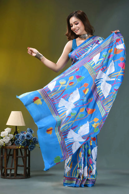 Sky blue artisanal swan motif handcrafted silk kantha saree vibrant blue saree adorned white 5