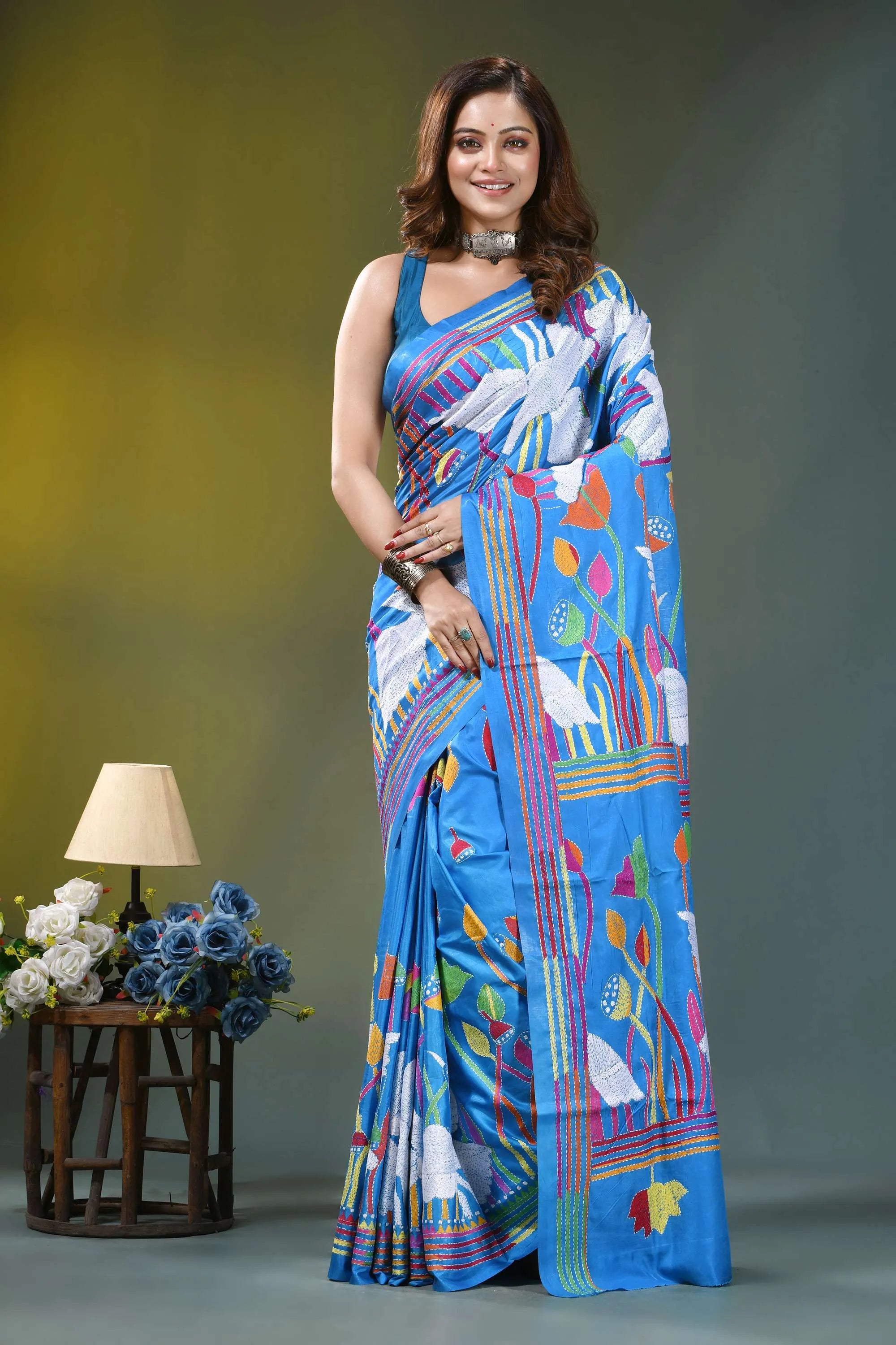 Sky blue artisanal swan motif handcrafted silk kantha saree vibrant blue saree adorned colorful 1