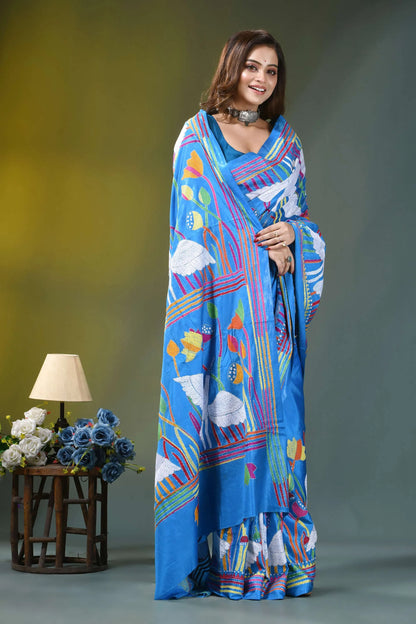 Sky blue artisanal swan motif handcrafted silk kantha saree vibrant blue saree adorned colorful 6