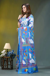 Sky blue artisanal swan motif handcrafted silk kantha saree vibrant blue saree adorned colorful 3