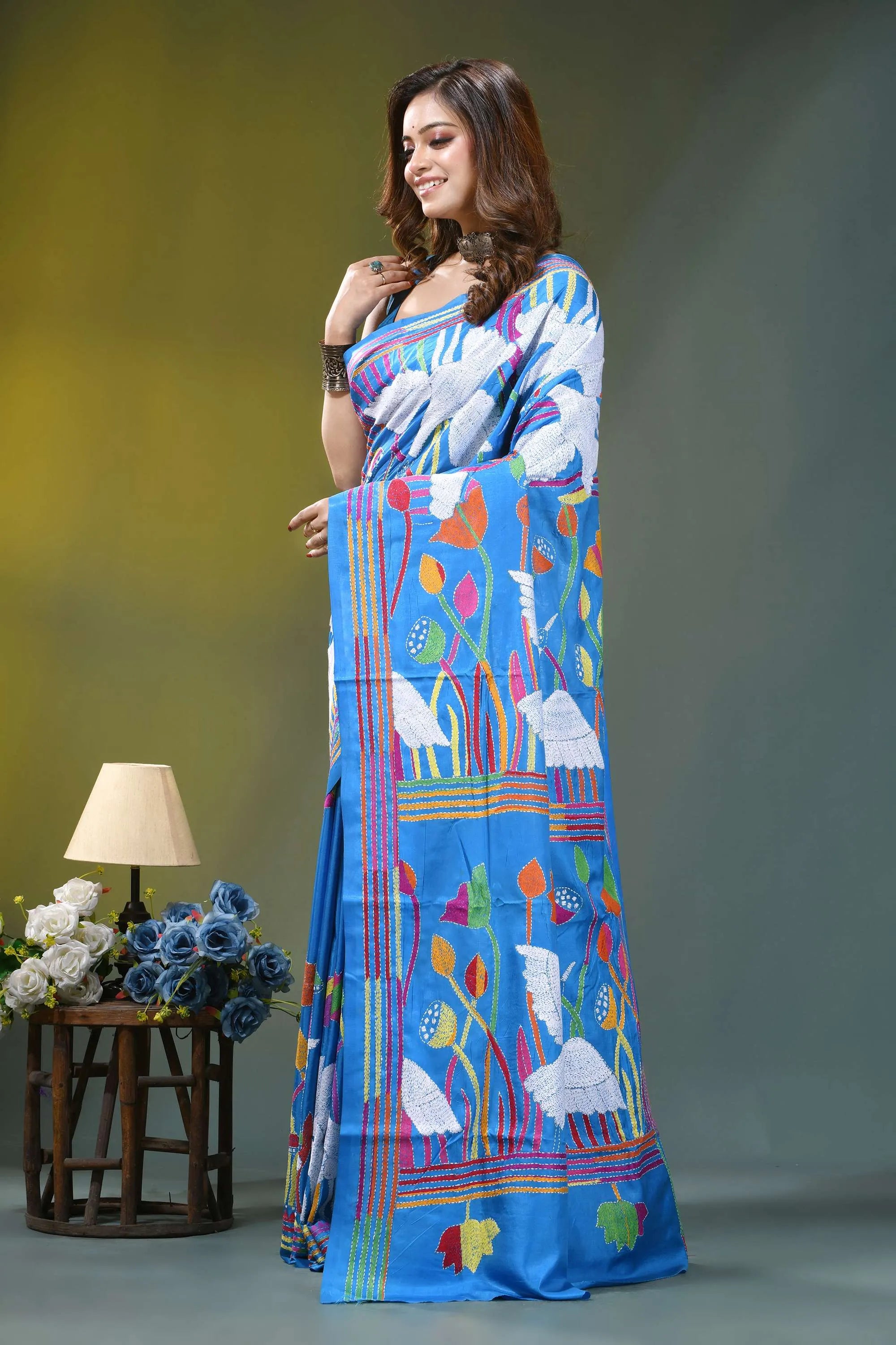 Sky blue artisanal swan motif handcrafted silk kantha saree vibrant blue saree adorned colorful 3