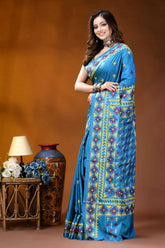 Sky blue ethnic motif hand embroidered gujrati stitch silk saree vibrant blue saree adorned intricate 3