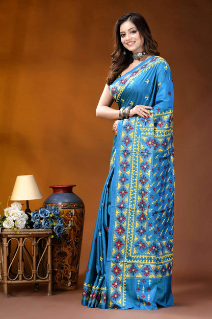 Sky blue ethnic motif hand embroidered gujrati stitch silk saree vibrant blue saree adorned intricate 3