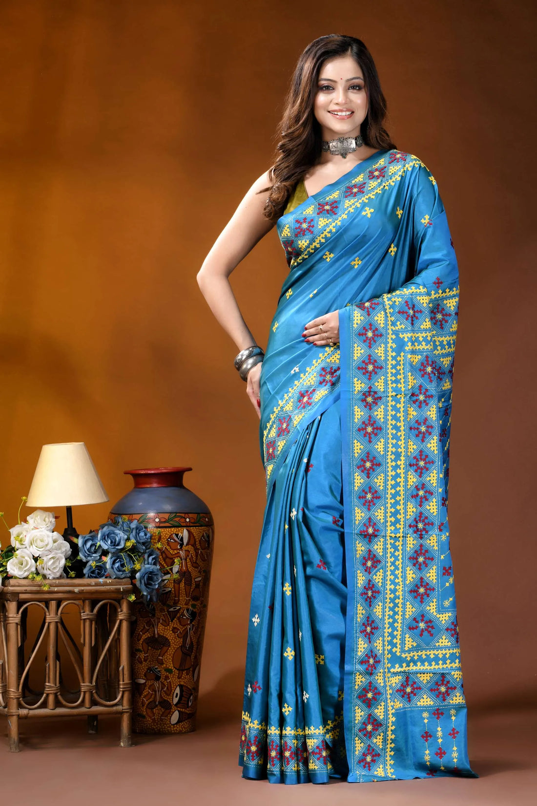 Sky blue ethnic motif hand embroidered gujrati stitch silk saree vibrant blue silk saree adorned 1