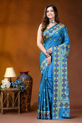 Sky blue ethnic motif hand embroidered gujrati stitch silk saree vibrant blue silk saree adorned 6