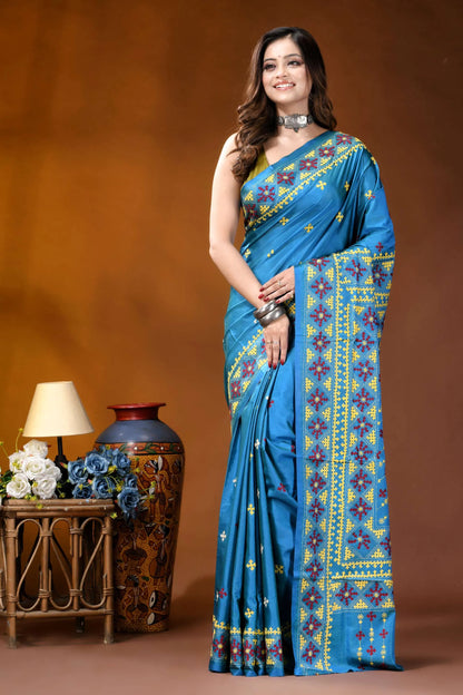 Sky blue ethnic motif hand embroidered gujrati stitch silk saree vibrant blue silk saree adorned 6