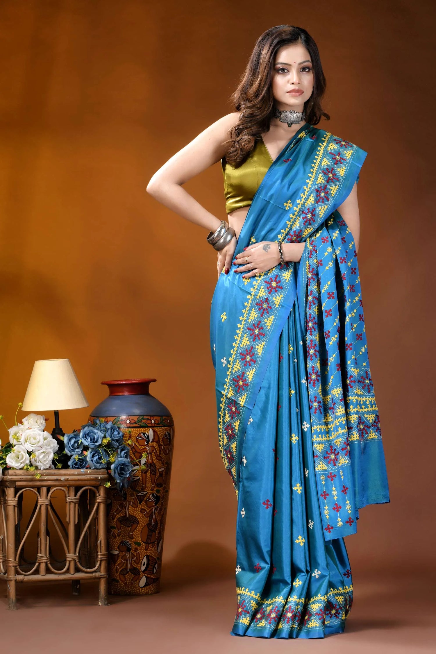 Sky blue ethnic motif hand embroidered gujrati stitch silk saree vibrant blue silk saree adorned 4