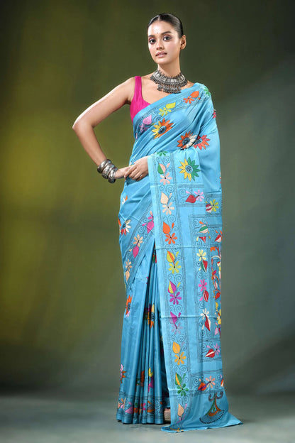 Sky blue floral motif handcrafted silk kantha saree vibrant light 6