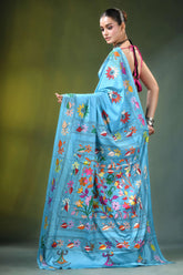 Sky blue floral motif handcrafted silk kantha saree vibrant light adorned 5