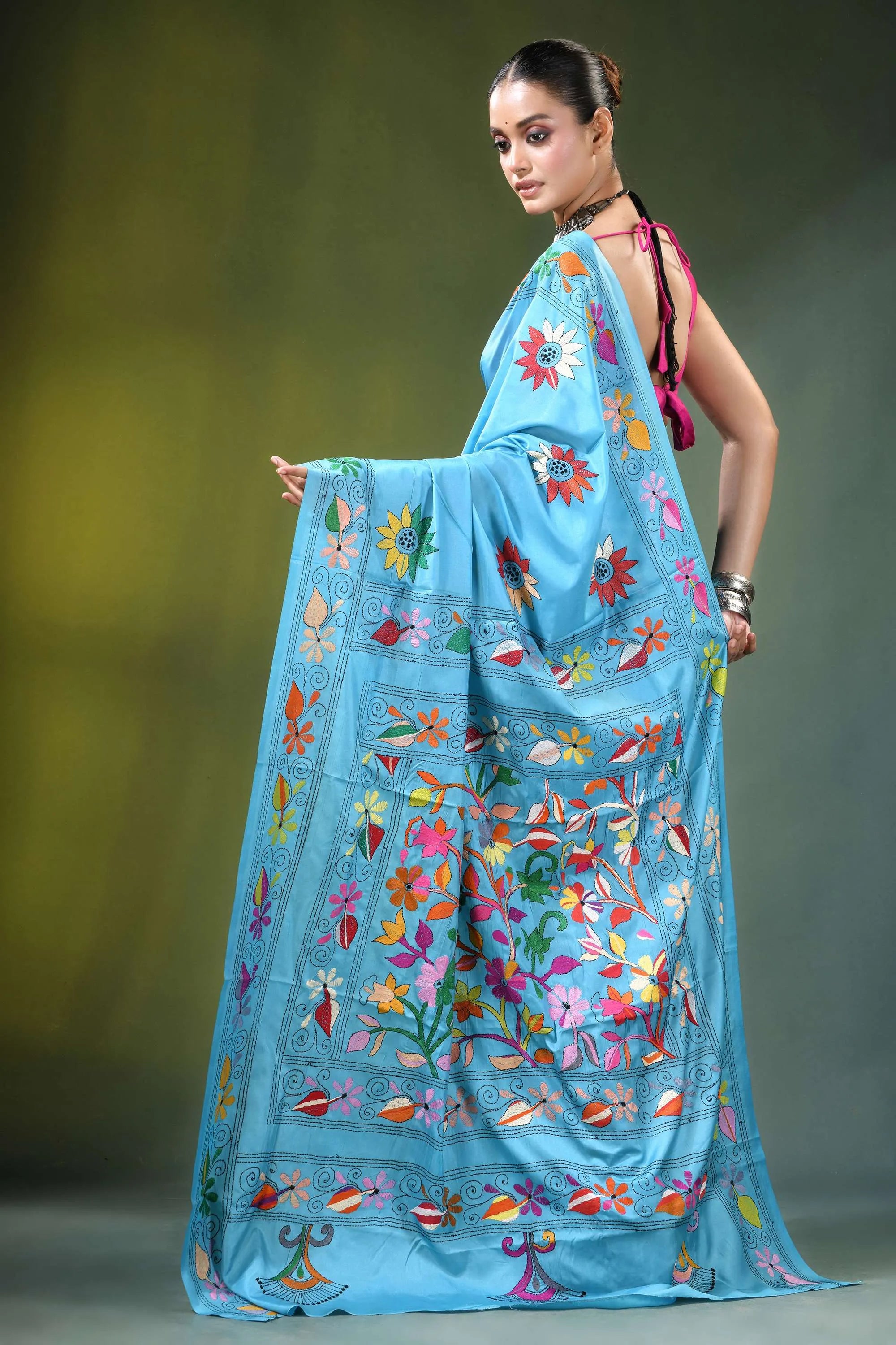 Sky blue floral motif handcrafted silk kantha saree vibrant light adorned 5