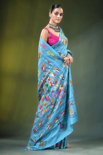 Sky blue floral motif handcrafted silk kantha saree vibrant light adorned 4