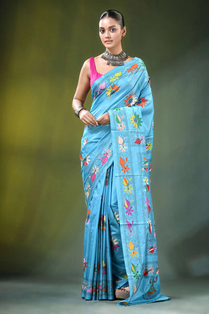Sky blue floral motif handcrafted silk kantha saree light adorned 1