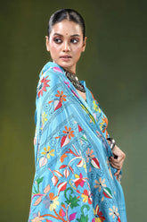 Sky blue floral motif handcrafted silk kantha saree vibrant light adorned 2