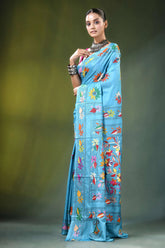 Sky blue floral motif handcrafted silk kantha saree vibrant light adorned 3