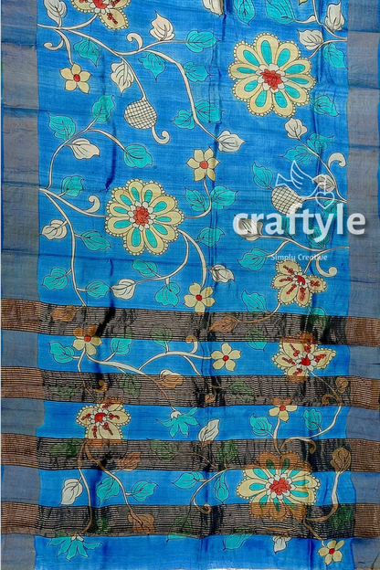 Sky blue handcrafted pure tussar kalamkari saree with zari border blue floral patterned fabric 7