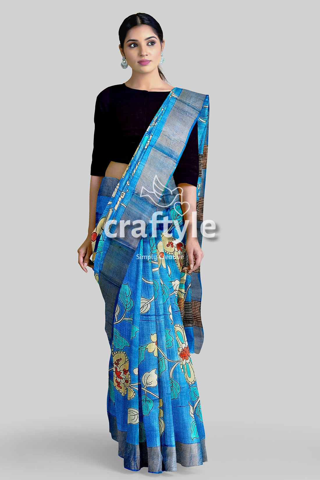 Sky Blue Handcrafted Pure Tussar Kalamkari Saree with Zari Border - Craftyle