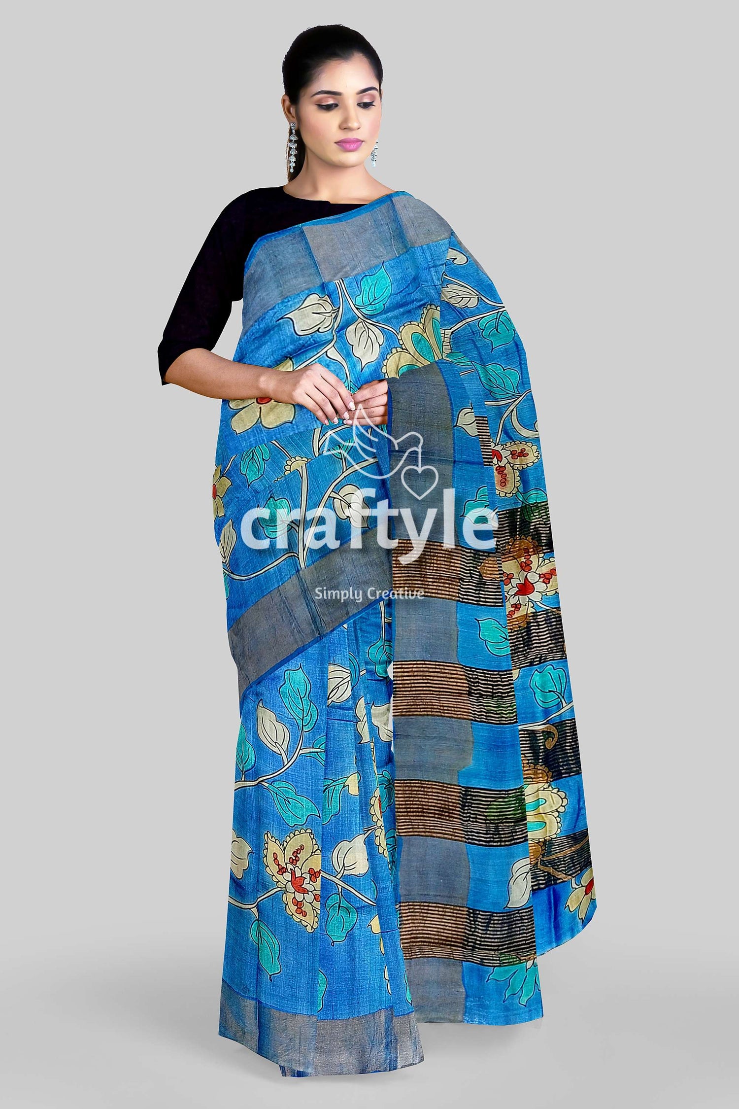 Sky Blue Handcrafted Pure Tussar Kalamkari Saree with Zari Border - Craftyle