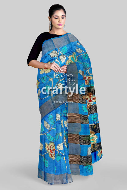 Sky Blue Handcrafted Pure Tussar Kalamkari Saree with Zari Border - Craftyle
