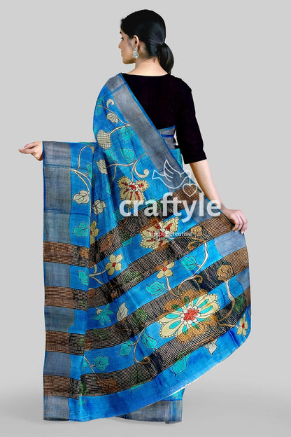 Sky Blue Handcrafted Pure Tussar Kalamkari Saree with Zari Border - Craftyle