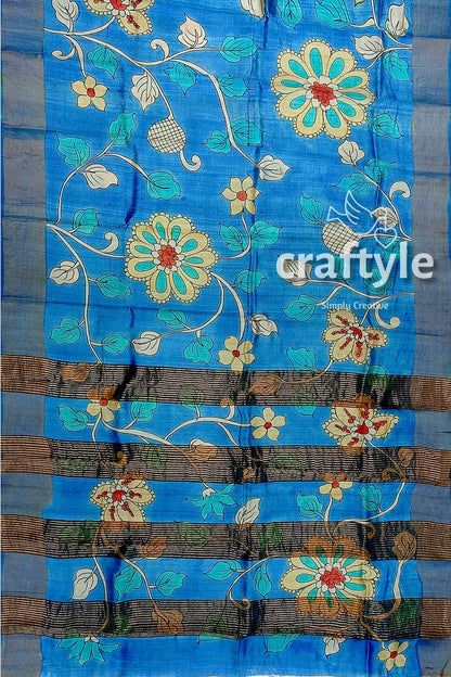 Sky Blue Handcrafted Pure Tussar Kalamkari Saree with Zari Border - Craftyle