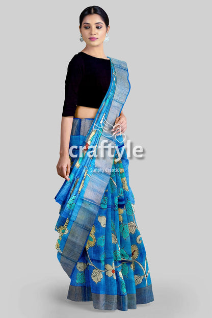 Sky Blue Handcrafted Pure Tussar Kalamkari Saree with Zari Border - Craftyle