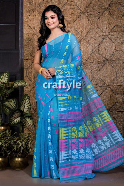 Sky blue handloom dhakai jamdani saree blue cotton saree colorful floral 2