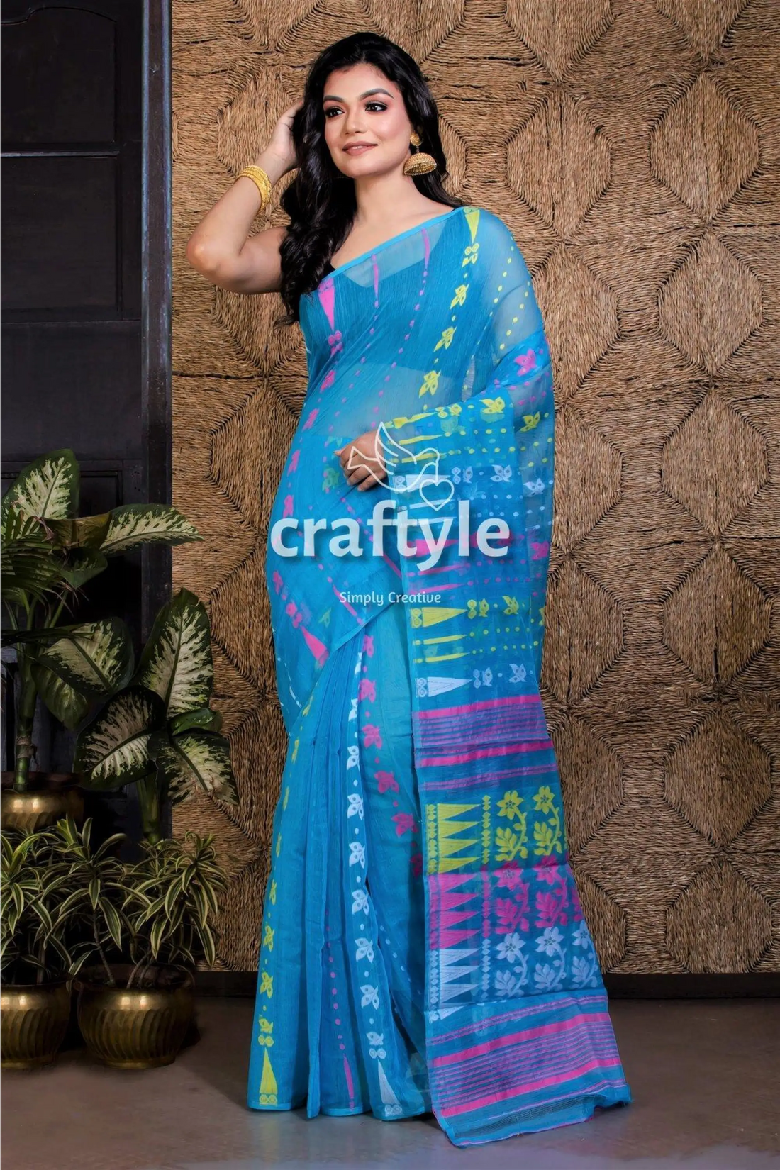 Sky blue handloom dhakai jamdani saree blue saree colorful floral geometric 1