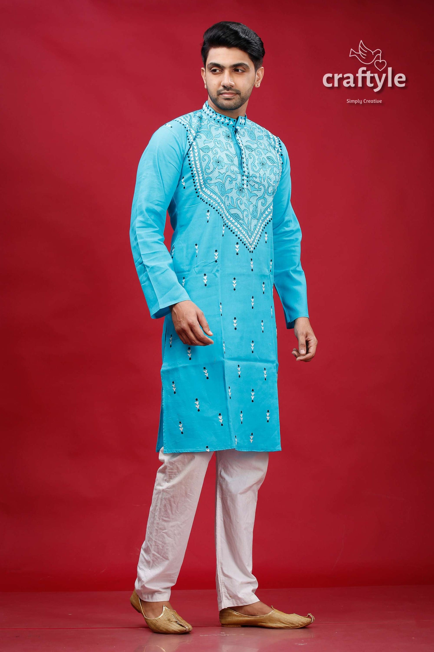 Sky Blue Kantha Stitch Cotton Panjabi for Men - Craftyle