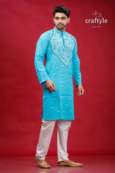 Sky Blue Kantha Stitch Cotton Panjabi for Men - Craftyle